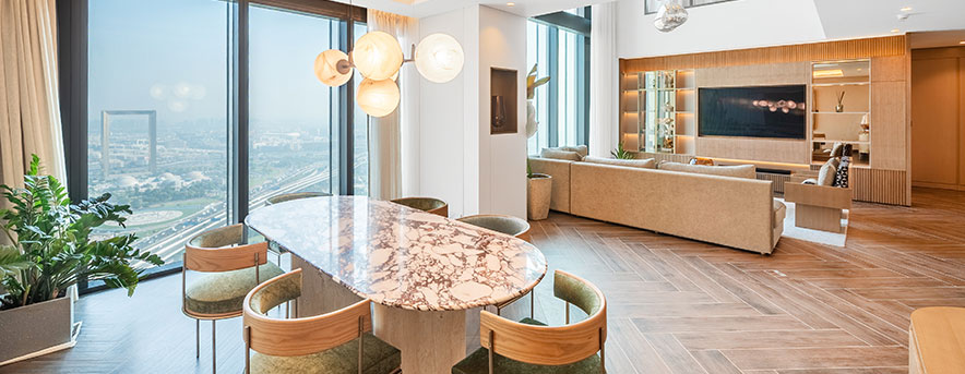 Zabeel One open-plan lounge with modern interiors