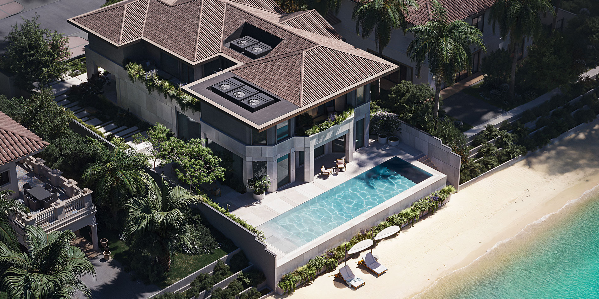 aerial view of bayn villa beside the beach