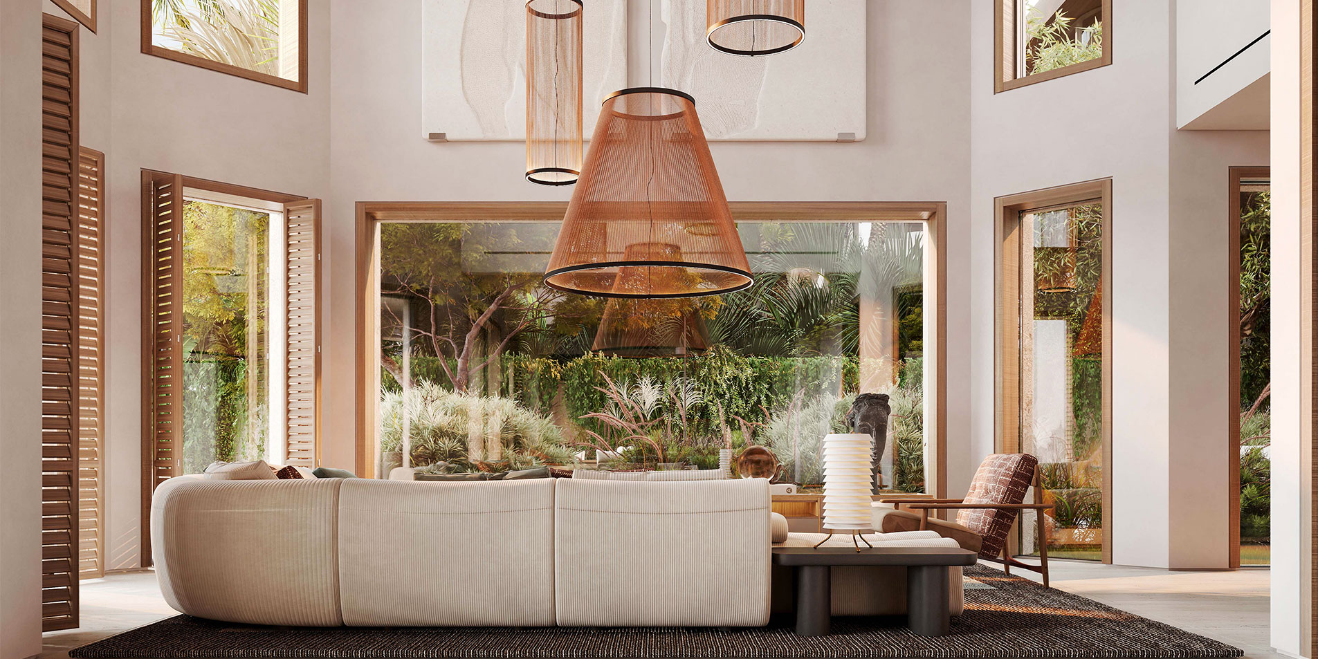 sunlit villa living room overlooking the garden