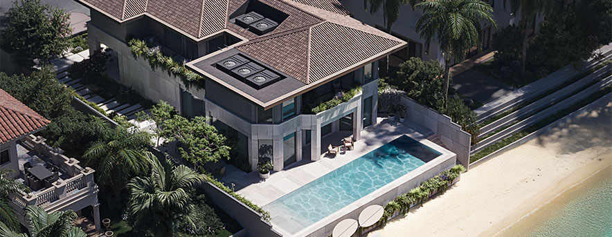 aerial view of bayn villa with pool and beach