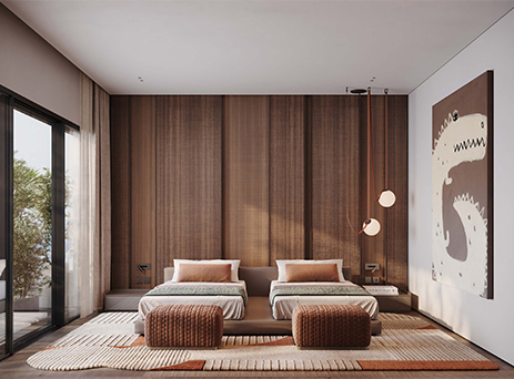 kids guest bedroom with twin beds and wood paneling