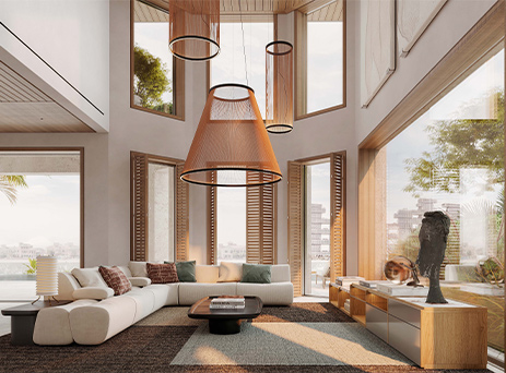 villa living room with sculptural pendant light and city view