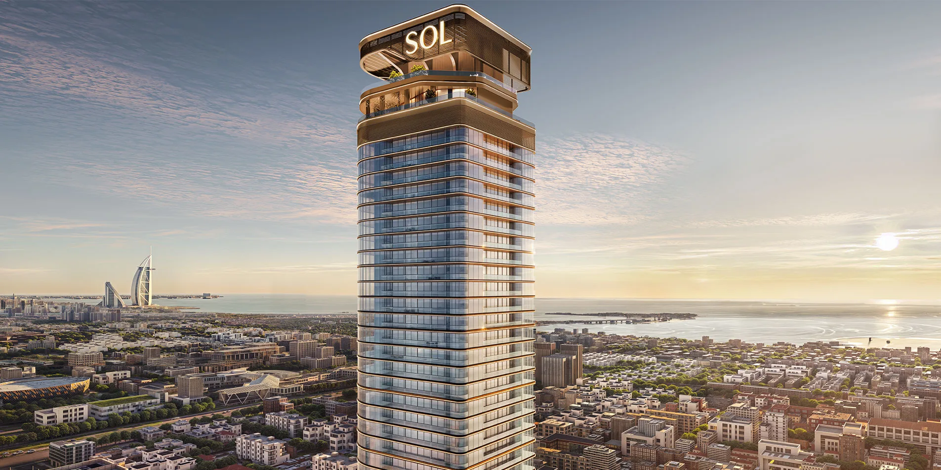 sol luxe tower with burj al arab and dubai coastline views