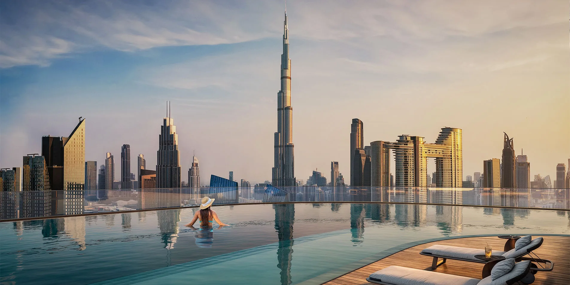 sol luxe infinity pool overlooking burj khalifa and dubai skyline
