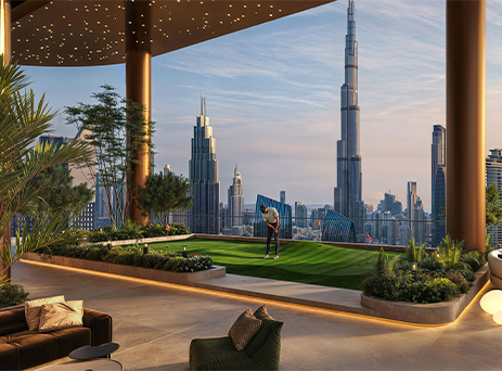 sol luxe rooftop golf area with burj khalifa skyline view
