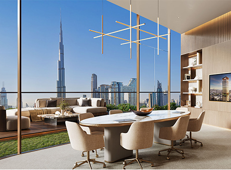 sol luxe meeting room with dining table and burj khalifa daytime view