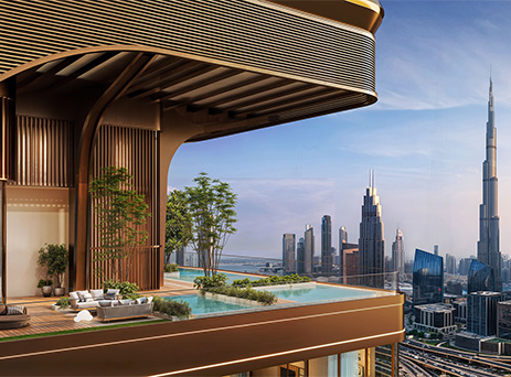 sol luxe rooftop terrace with pool and burj khalifa skyline view