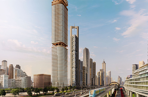 sol luxe view of sheikh zayed road in dubai with metro train and surrounding towers
