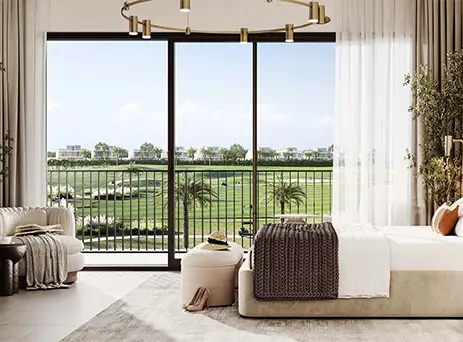 golf lane bedroom with floor-to-ceiling windows overlooking the golf course
