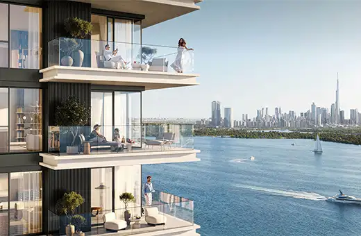 creek bay apartment balconies overlooking the water and dubai skyline