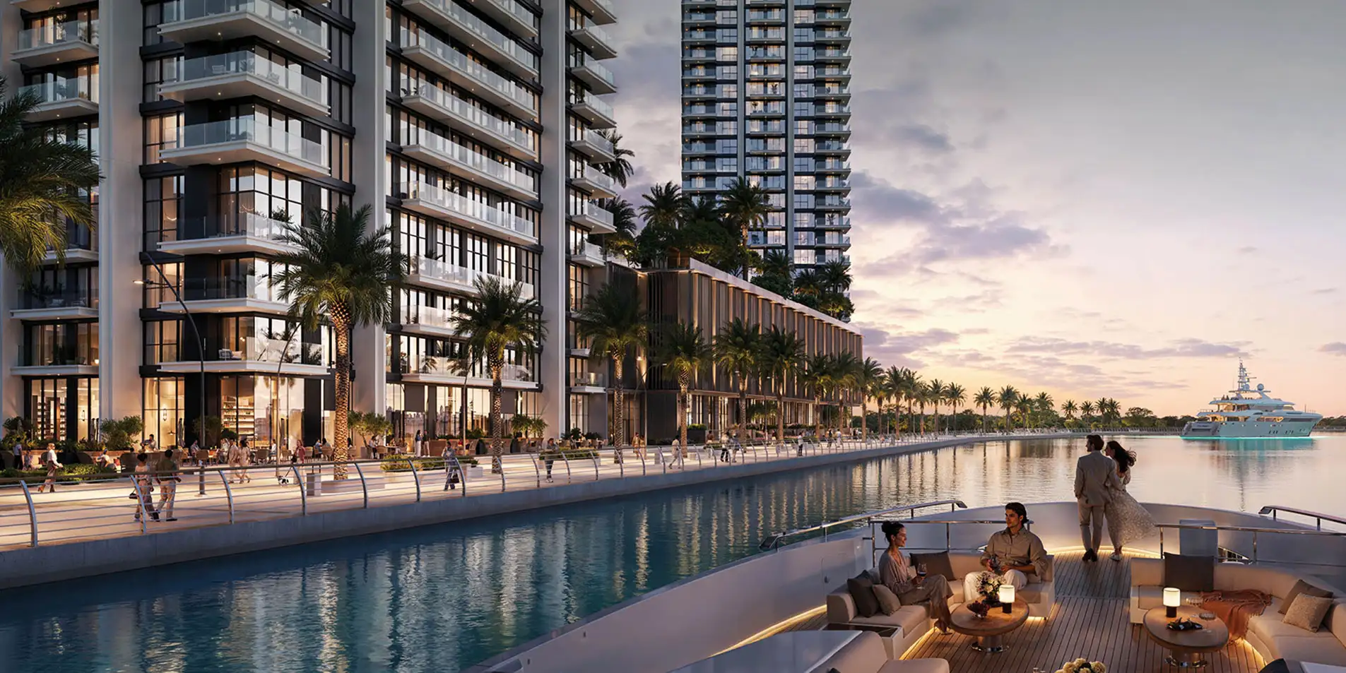 creek bay canal promenade beside residences with palm trees and outdoor seating