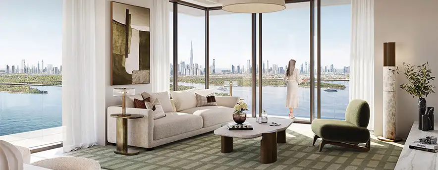 creek bay living room with floor to ceiling windows and skyline view