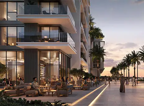creek bay waterfront promenade with palm trees and residences at sunset