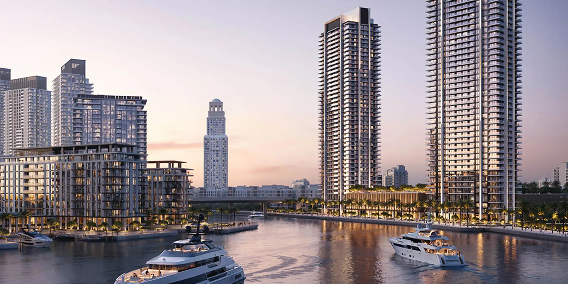 creek bay waterfront residences with boats and high rise towers