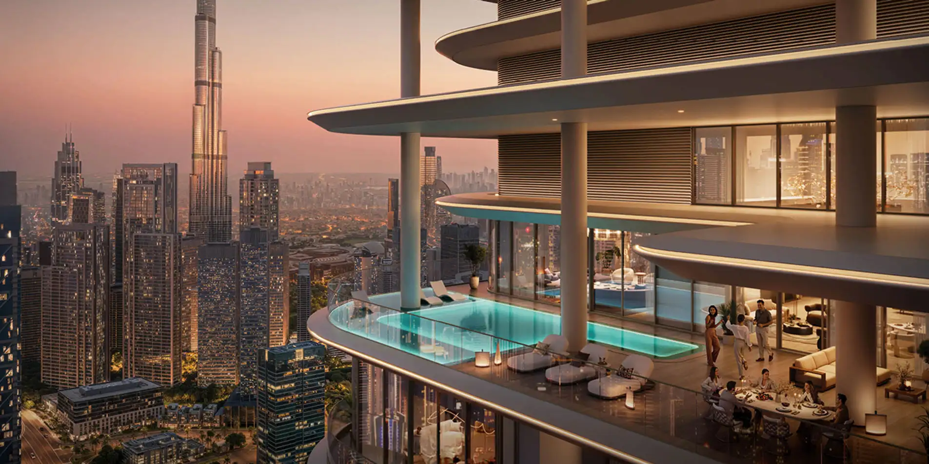 avarra palace rooftop pool overlooking dubai skyline at sunset