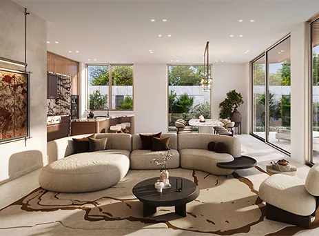 bright five bedroom villa living room with pool view