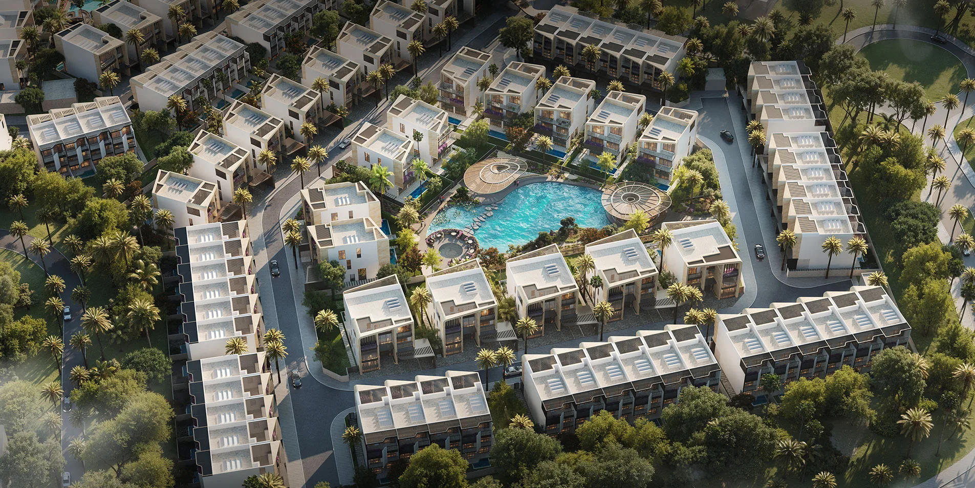 aerial view of the knightsbridge development and pools